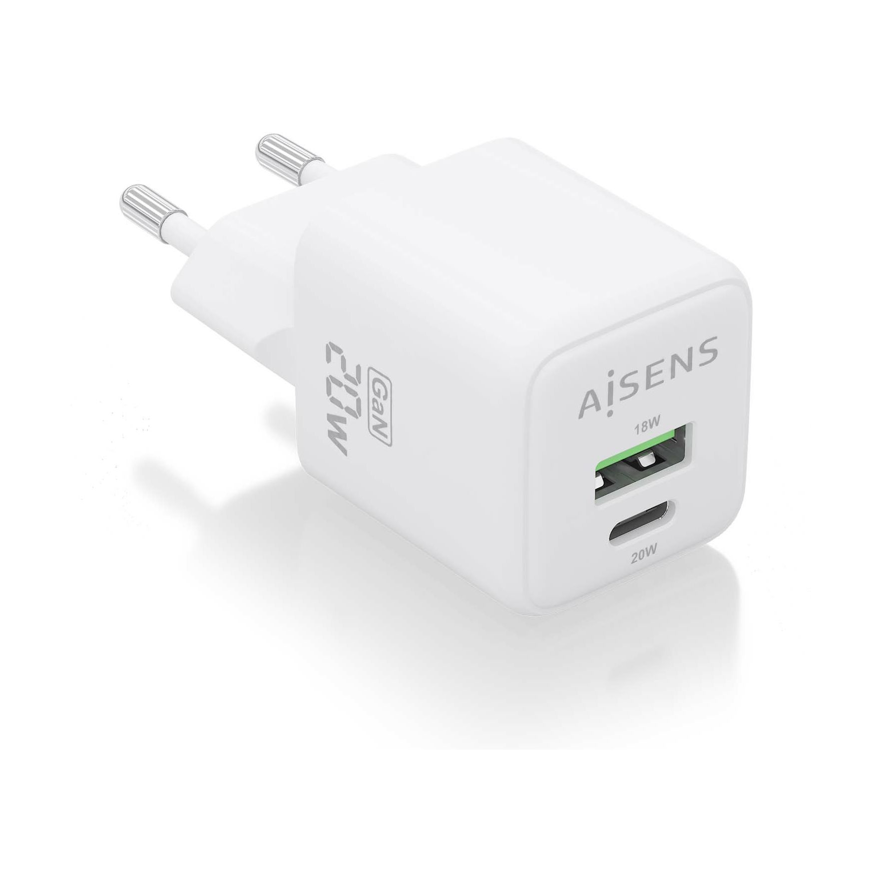Cargador de Pared GaN Aisens ASCH-20W2P010-W/ 1xUSB Tipo-C/ 1xUSB/ 20