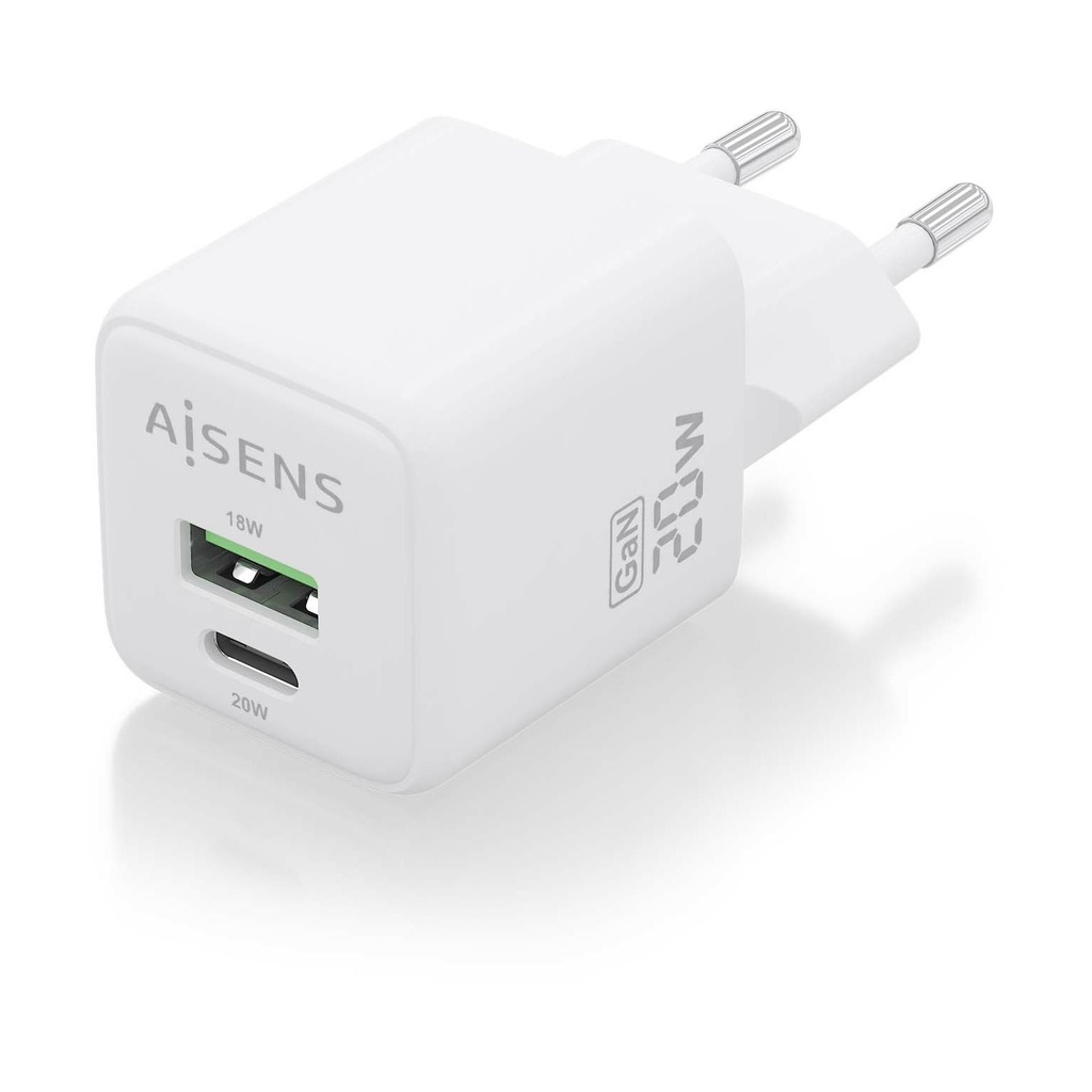 Aisens GaN Wall Charger ASCH-20W2P010-W/ 1xUSB Type-C/ 1xUSB/ 20W