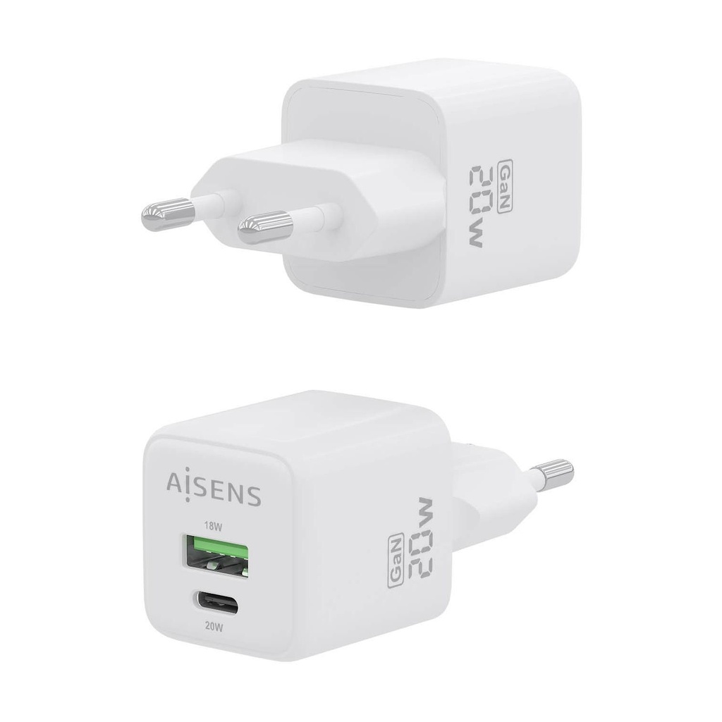 Aisens GaN Wall Charger ASCH-20W2P010-W/ 1xUSB Type-C/ 1xUSB/ 20W