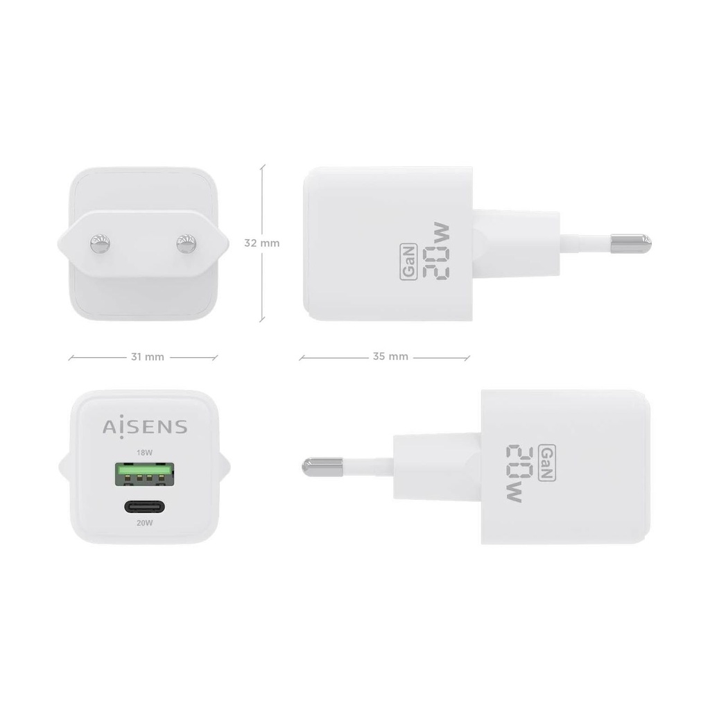Aisens GaN Wall Charger ASCH-20W2P010-W/ 1xUSB Type-C/ 1xUSB/ 20W