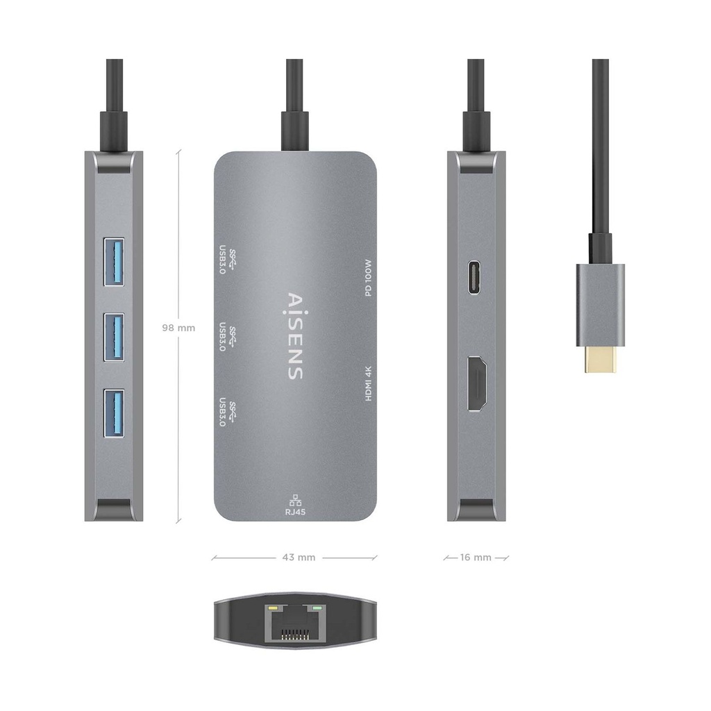 Docking USB Tipo-C Aisens ASUC-6P019-GR/ 1xHDMI 4K/ 3xUSB/ 1xRJ45/ 1xUSB Tipo-C PD/ Gris