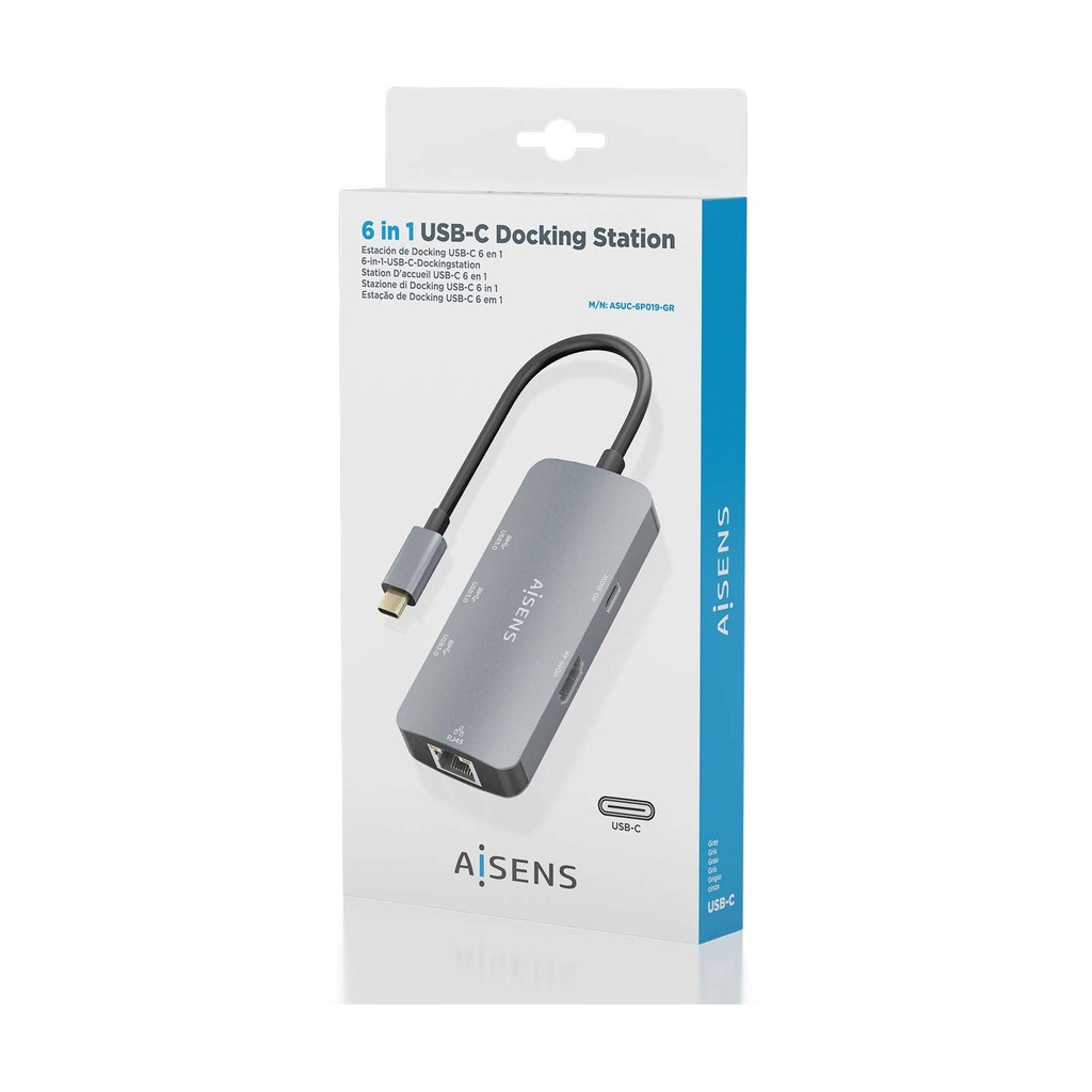 Docking USB Tipo-C Aisens ASUC-6P019-GR/ 1xHDMI 4K/ 3xUSB/ 1xRJ45/ 1xUSB Tipo-C PD/ Gris
