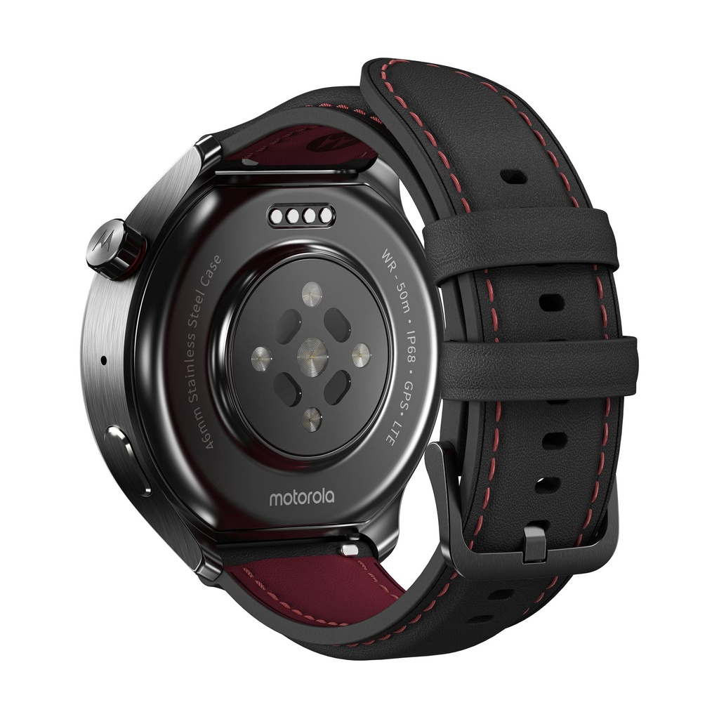 Motorola moto watch ultra 4G 46 mm Acero inoxidable (Stainless steel) + correa Silicona, Cuero Negro, Burdeos