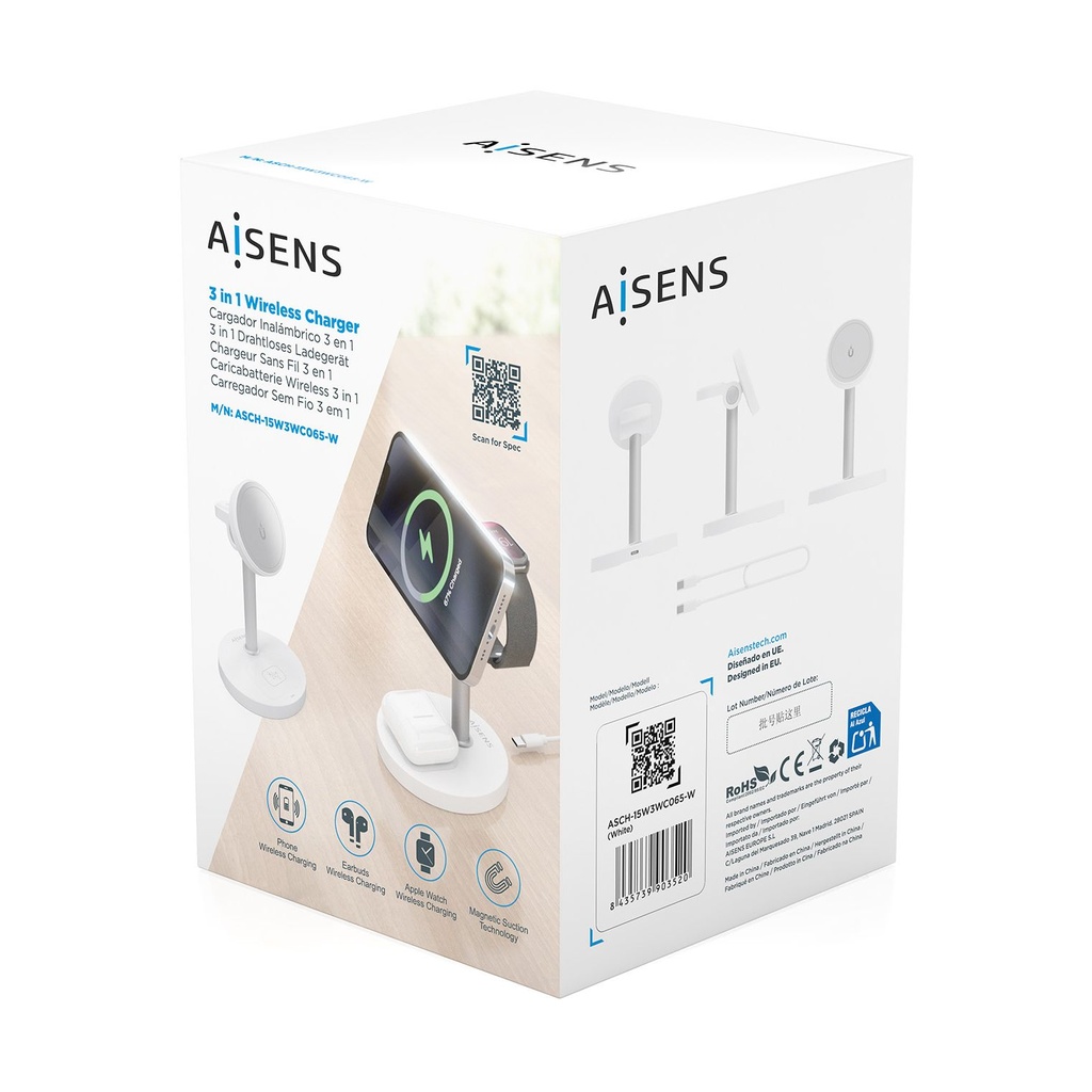 Base de carga Inalámbrica Aisens ASCH-15W3WC065-W/ 15W/ Blanco