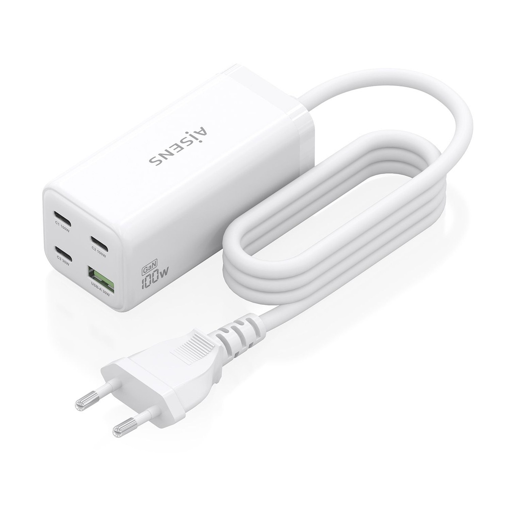 Aisens GaN Desktop Charger ASCH-100W4P053-W/ 3xUSB Type-C/ 1xUSB/ 100W