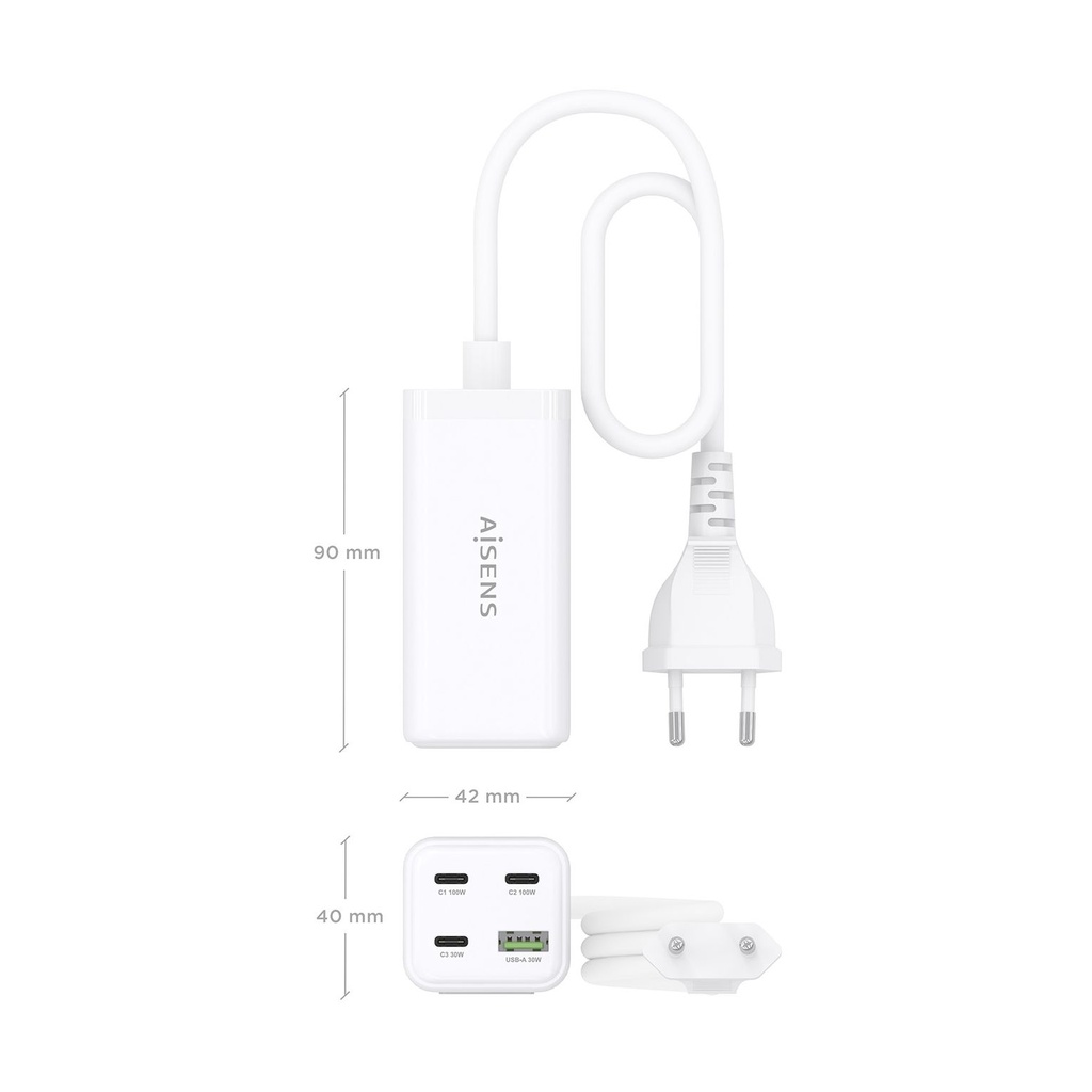 Aisens GaN Desktop Charger ASCH-100W4P053-W/ 3xUSB Type-C/ 1xUSB/ 100W