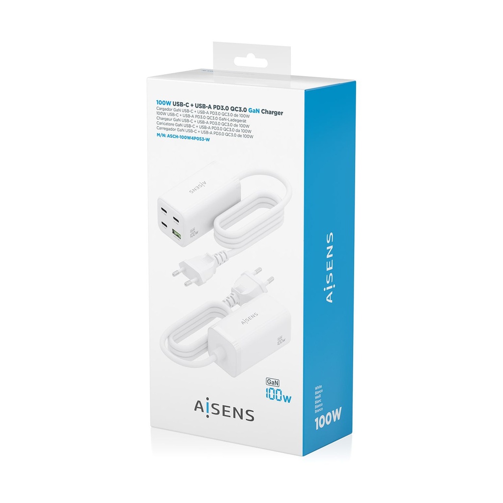 Aisens GaN Desktop Charger ASCH-100W4P053-W/ 3xUSB Type-C/ 1xUSB/ 100W