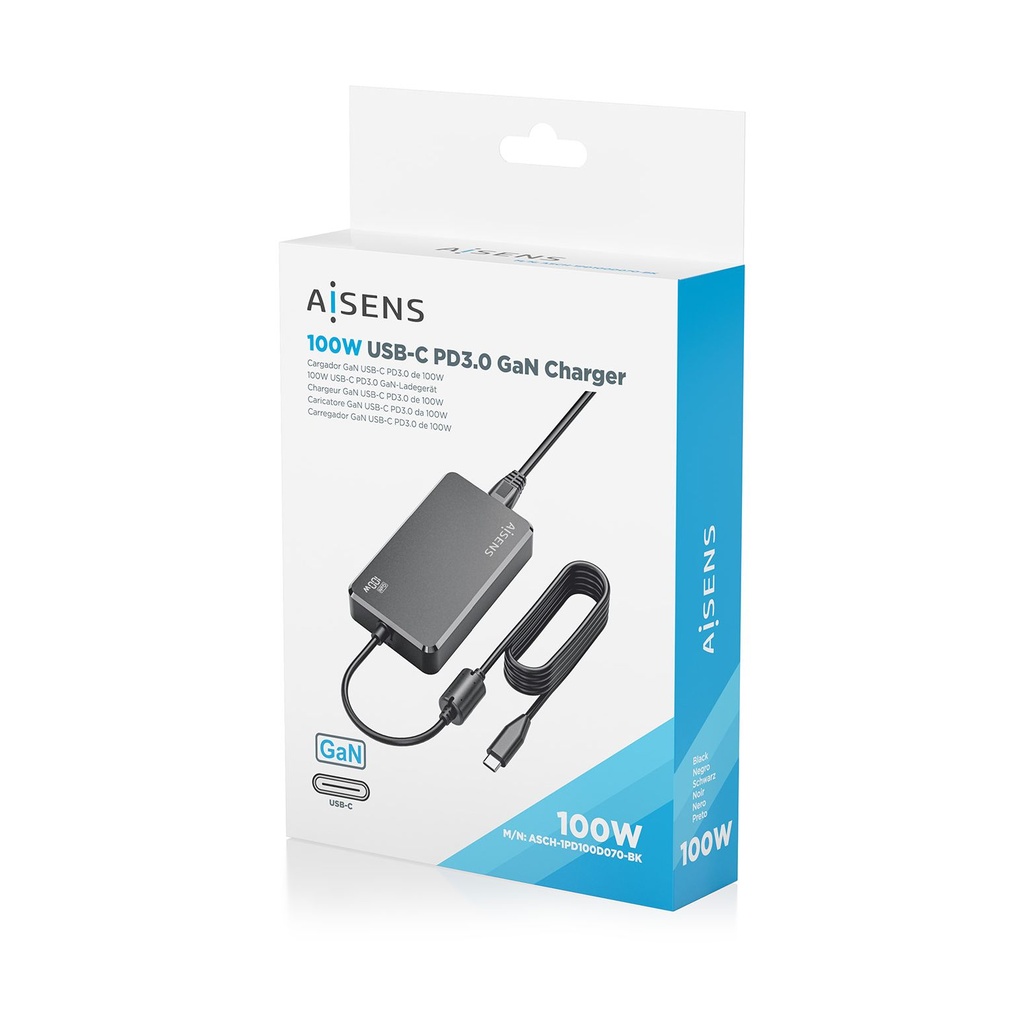 Cargador Sobremesa GaN Aisens ASCH-1PD100D070-BK/ 1xUSB Tipo-C/ 100W