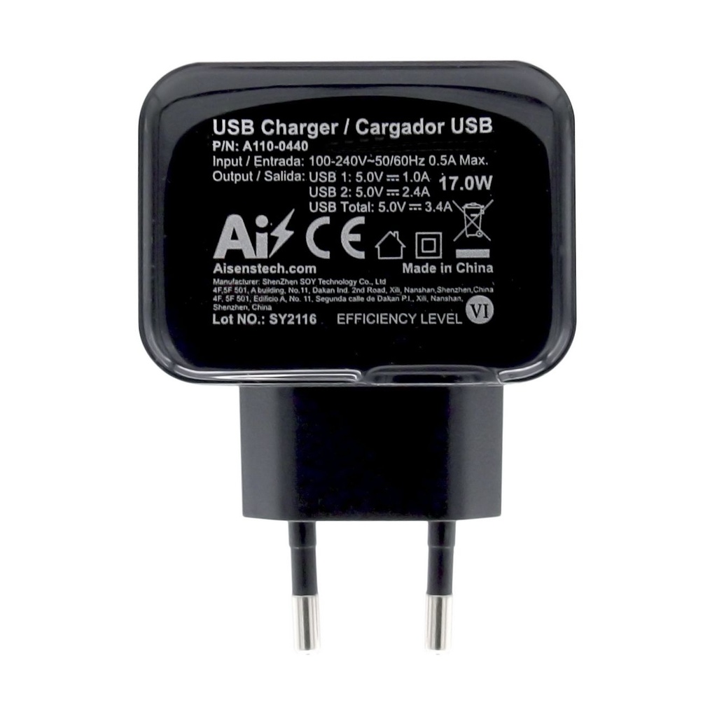 Cargador de Pared Aisens A110-0440/ 2xUSB/ 17W