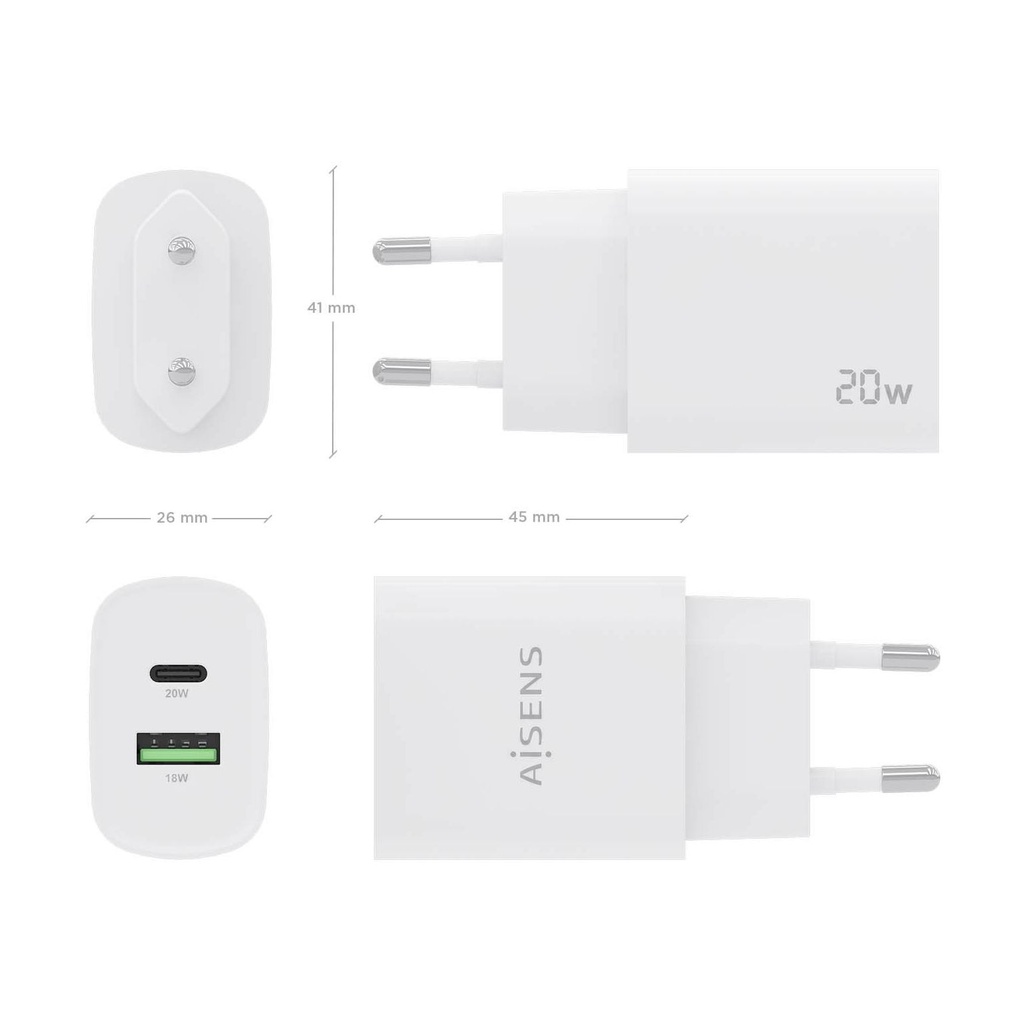 Aisens A110-0754 Wall Charger/ 1xUSB Type-C/ 1xUSB/ 20W