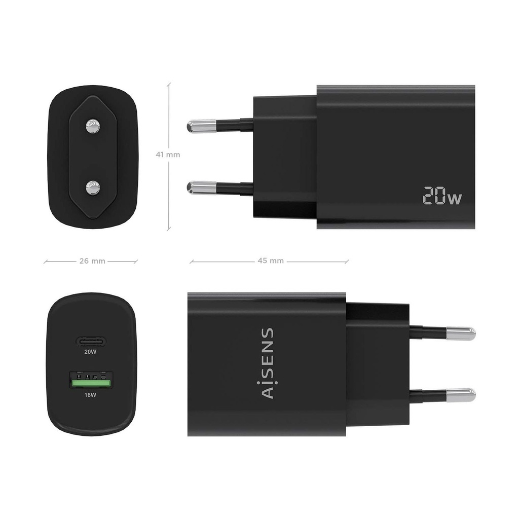 Aisens A110-0755 Wall Charger/ 1xUSB Type-C/ 1xUSB/ 20W