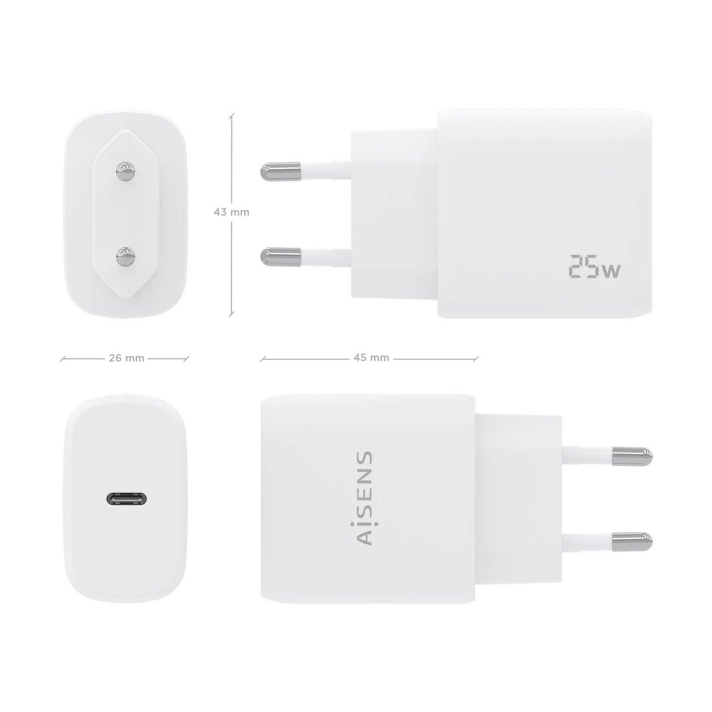 Cargador de Pared Aisens A110-0756/ 1xUSB Tipo-C/ 25W