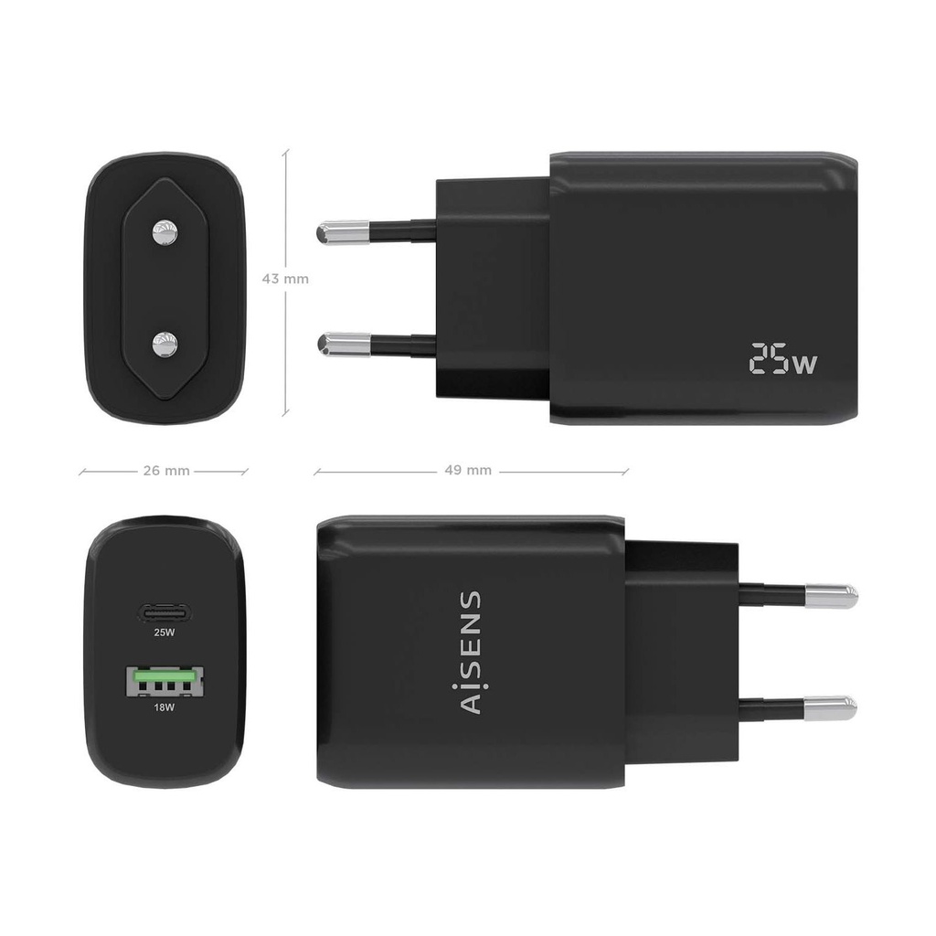 Aisens A110-0759 Wall Charger/ 1xUSB Type-C/ 1xUSB/ 25W