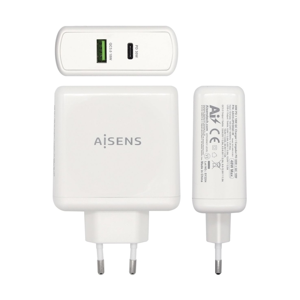 Aisens Wall Charger ASCH-2PD30QC-W/ 1xUSB Type-C/ 1x USB/ 48W