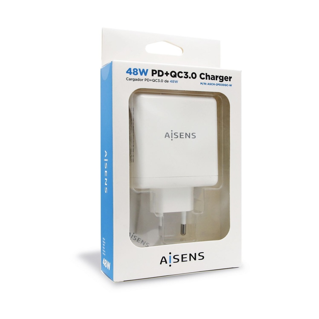 Aisens Wall Charger ASCH-2PD30QC-W/ 1xUSB Type-C/ 1x USB/ 48W