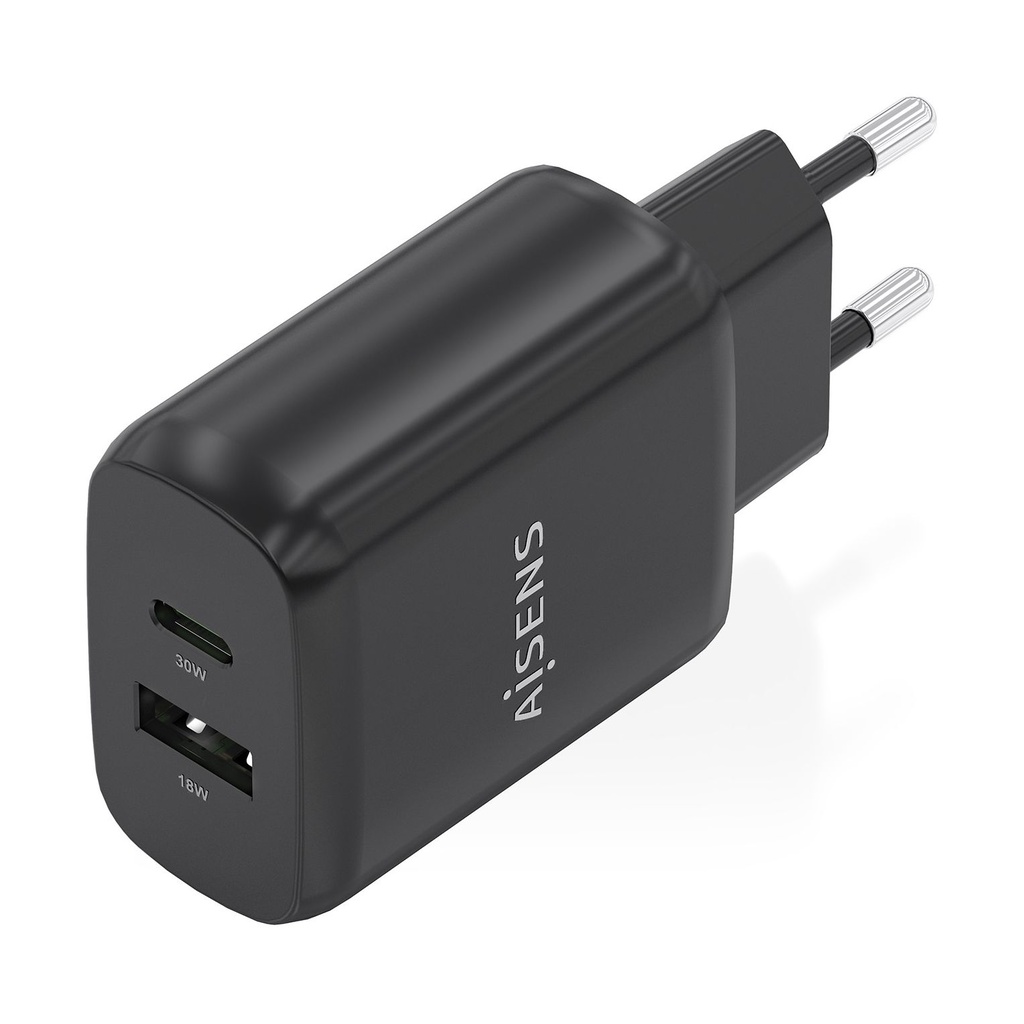 Aisens A110-0924 GaN Wall Charger/ 1xUSB Type-C/ 1xUSB/ 30W/ Black