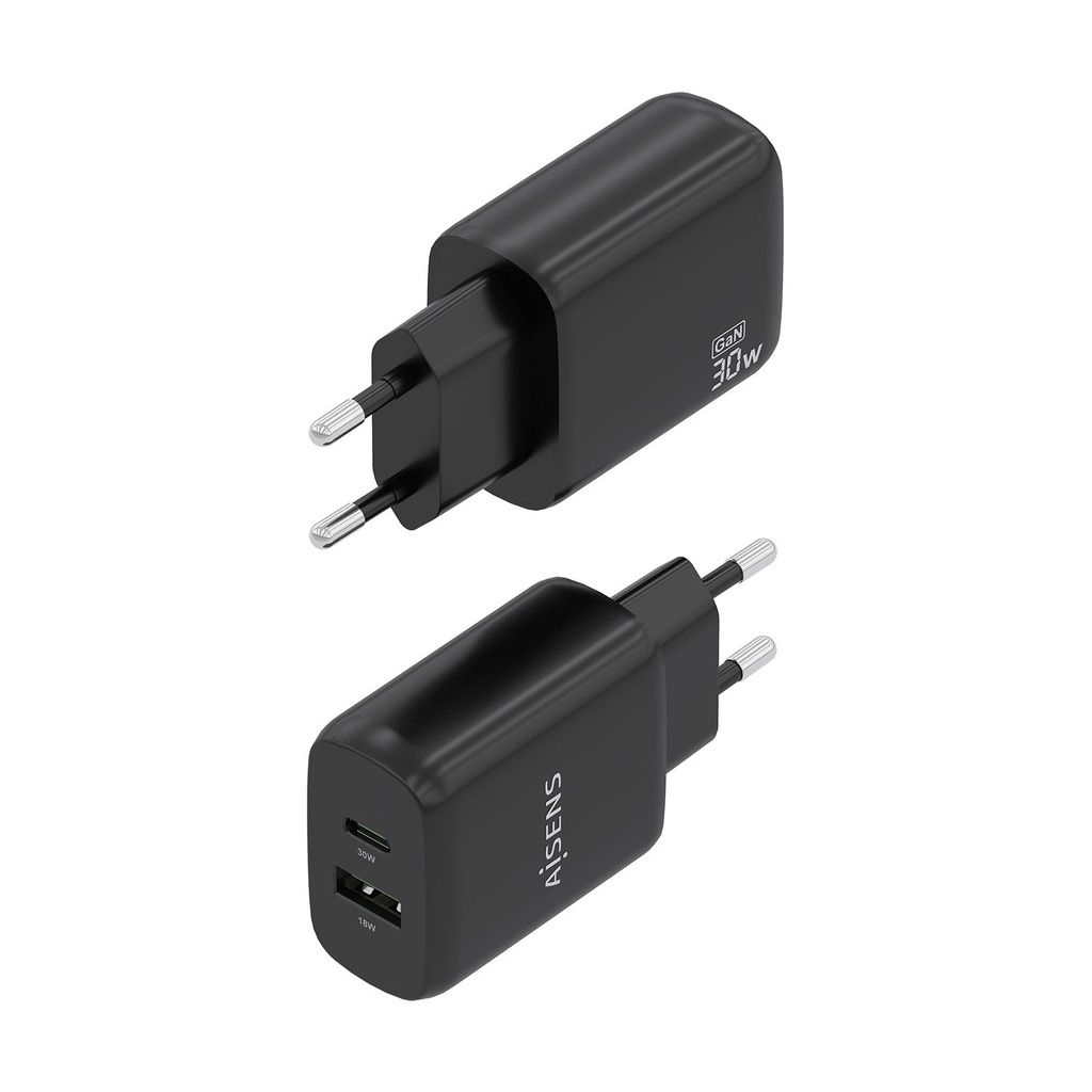 Aisens A110-0924 GaN Wall Charger/ 1xUSB Type-C/ 1xUSB/ 30W/ Black