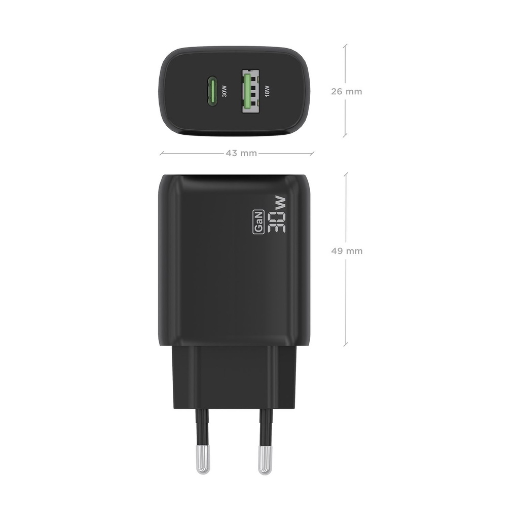 Aisens A110-0924 GaN Wall Charger/ 1xUSB Type-C/ 1xUSB/ 30W/ Black