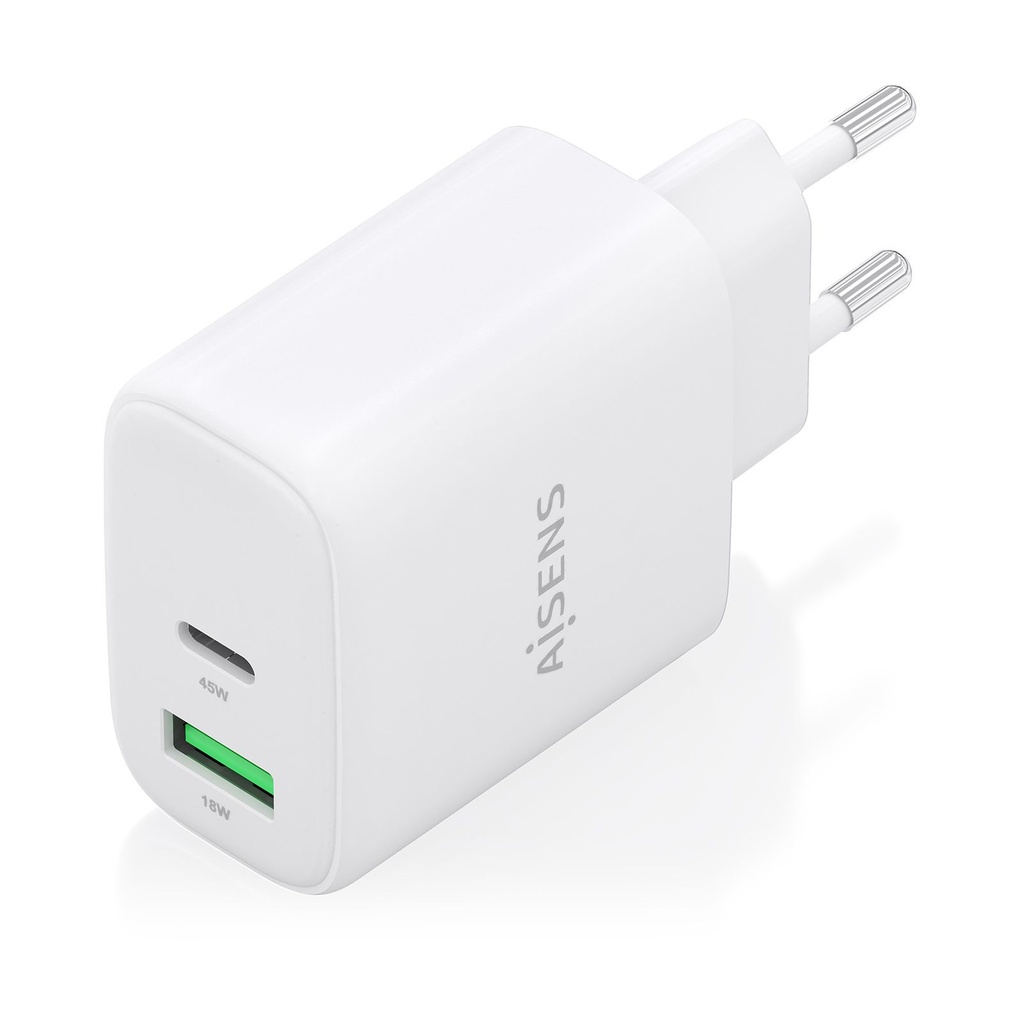 Cargador de Pared GaN Aisens A110-0971/ 1xUSB Tipo-C/ 1xUSB/ 45W/ Blanco