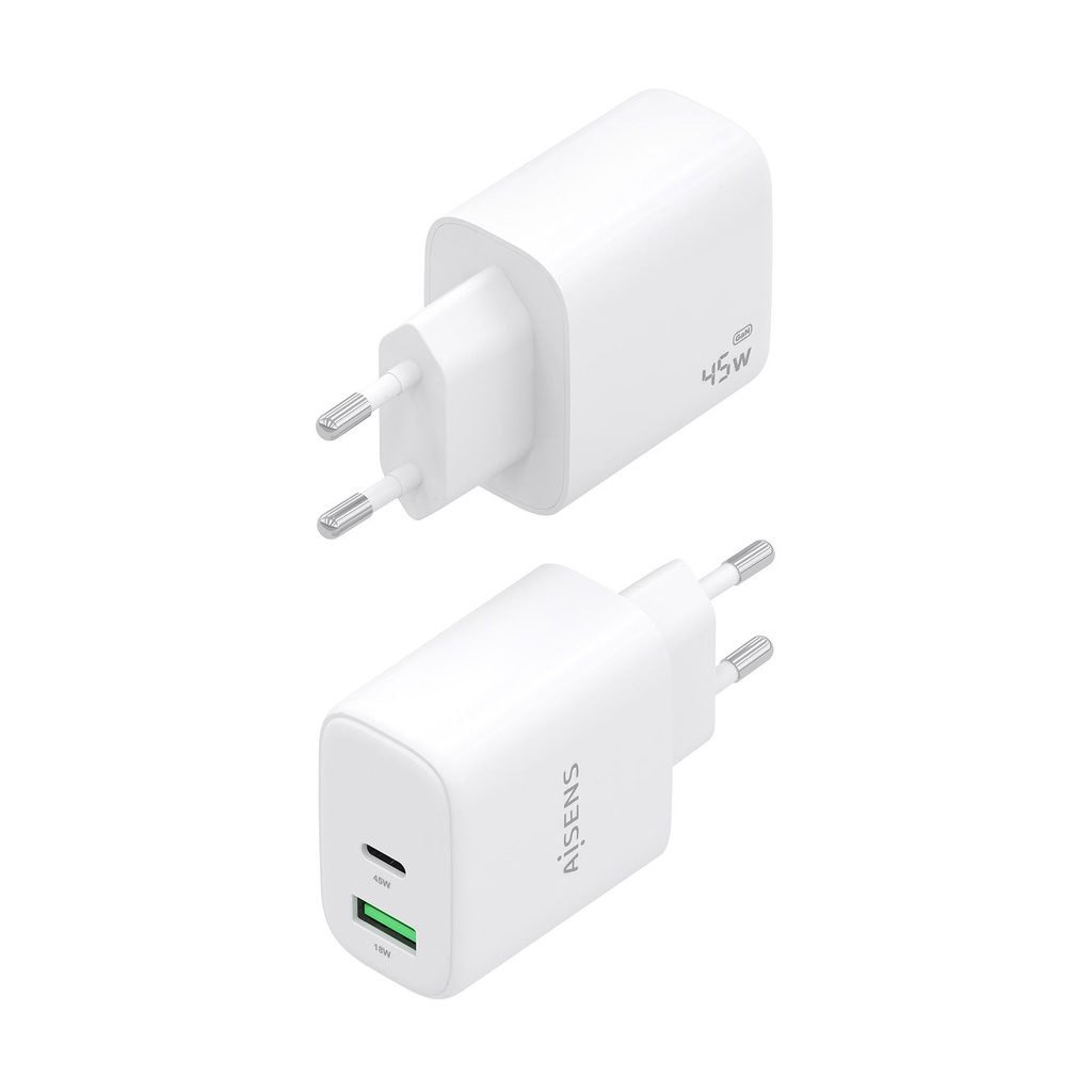 Cargador de Pared GaN Aisens A110-0971/ 1xUSB Tipo-C/ 1xUSB/ 45W/ Blanco