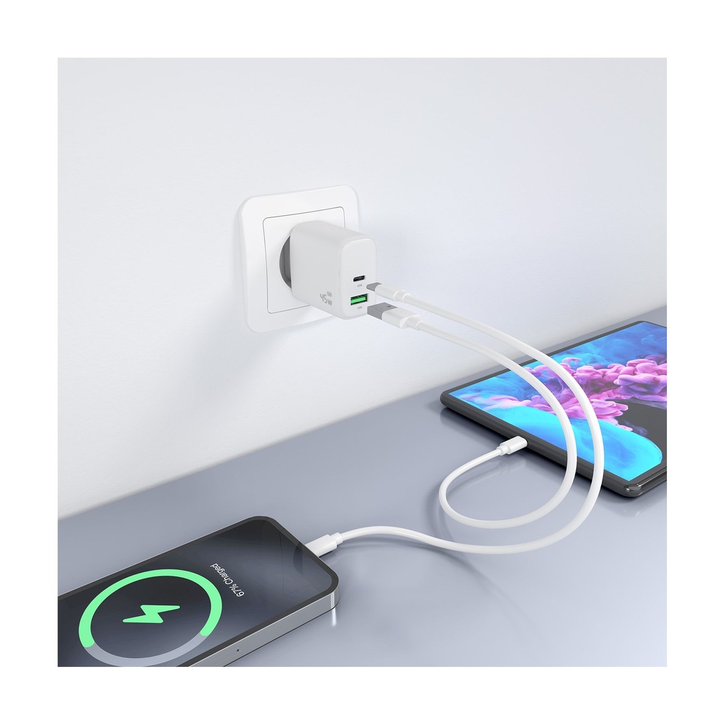 Cargador de Pared GaN Aisens A110-0971/ 1xUSB Tipo-C/ 1xUSB/ 45W/ Blanco