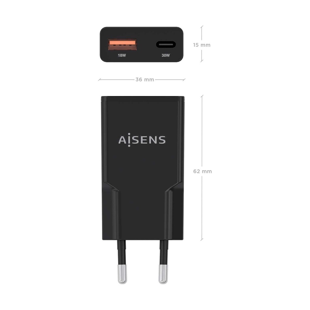Aisens GaN Wall Charger ASCH-30W2P047-BK/ 1xUSB Type-C/ 1xUSB/ 30W/ Black