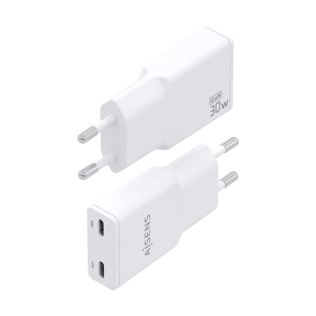 Aisens GaN Wall Charger ASCH-30W2P048-W/ 2xUSB Type-C/ 30W/ White