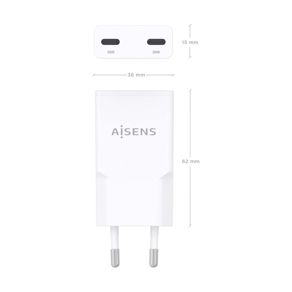 Aisens GaN Wall Charger ASCH-30W2P048-W/ 2xUSB Type-C/ 30W/ White