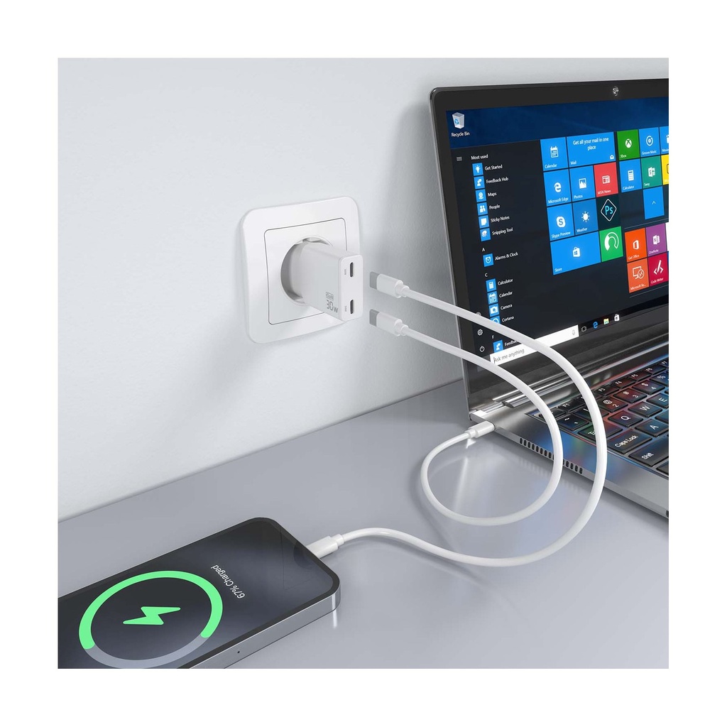 Aisens GaN Wall Charger ASCH-30W2P048-W/ 2xUSB Type-C/ 30W/ White