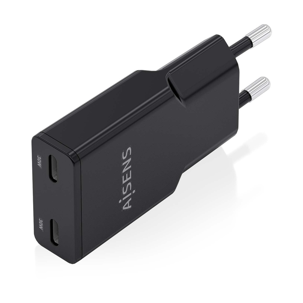 Aisens GaN Wall Charger ASCH-30W2P049-BK/ 2xUSB Type-C/ 30W/ Black