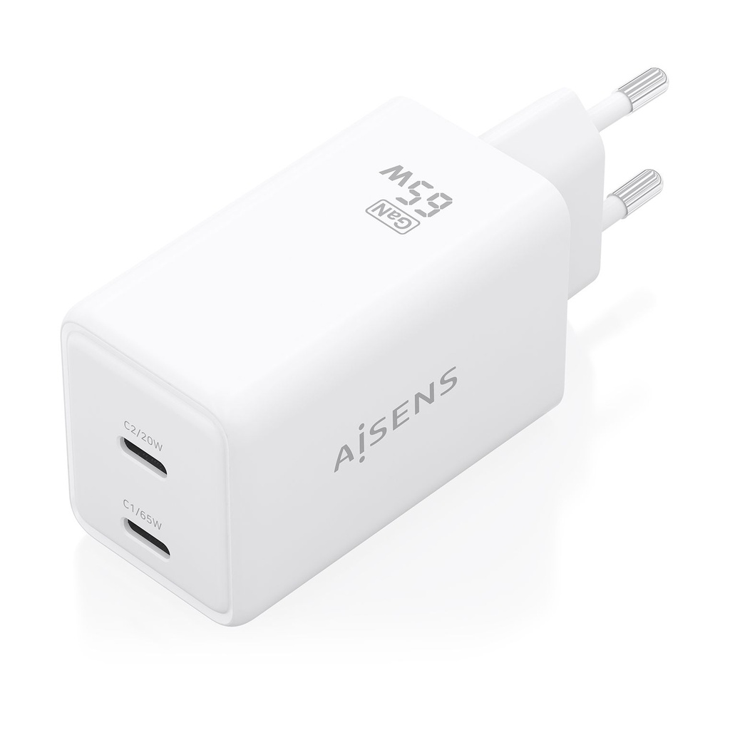 Cargador de Pared GaN Aisens ASCH-65W2P078-W/ 2xUSB Tipo-C/ 65W/ Blanco
