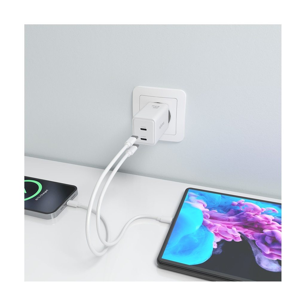 Cargador de Pared GaN Aisens ASCH-65W2P078-W/ 2xUSB Tipo-C/ 65W/ Blanco