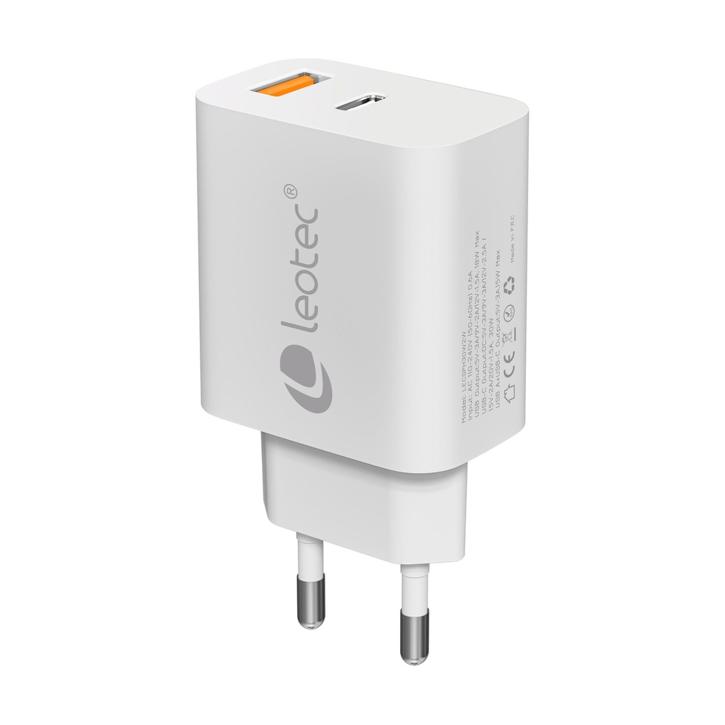 Cargador de Pared GaN Leotec LECSPH30W2W/ 1xUSB Tipo-C/ 1xUSB/ 30W