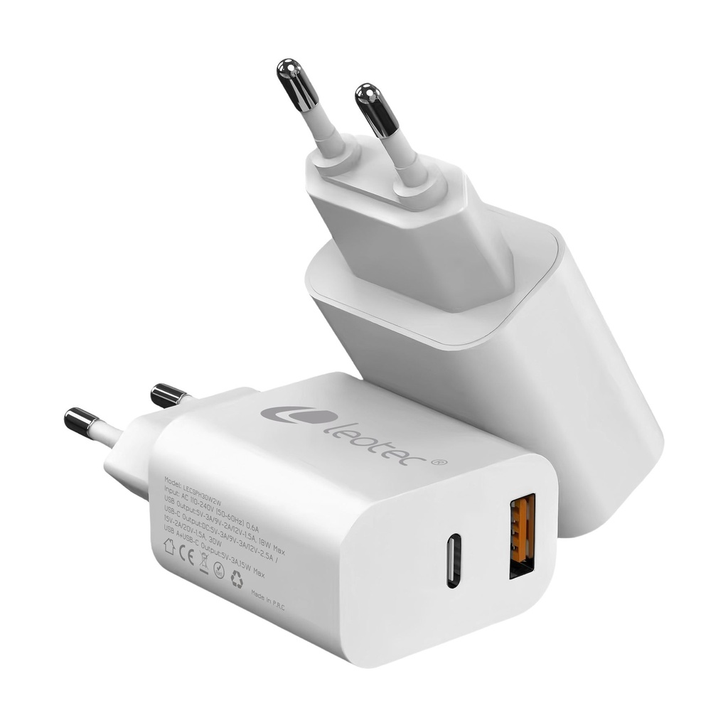 Cargador de Pared GaN Leotec LECSPH30W2W/ 1xUSB Tipo-C/ 1xUSB/ 30W