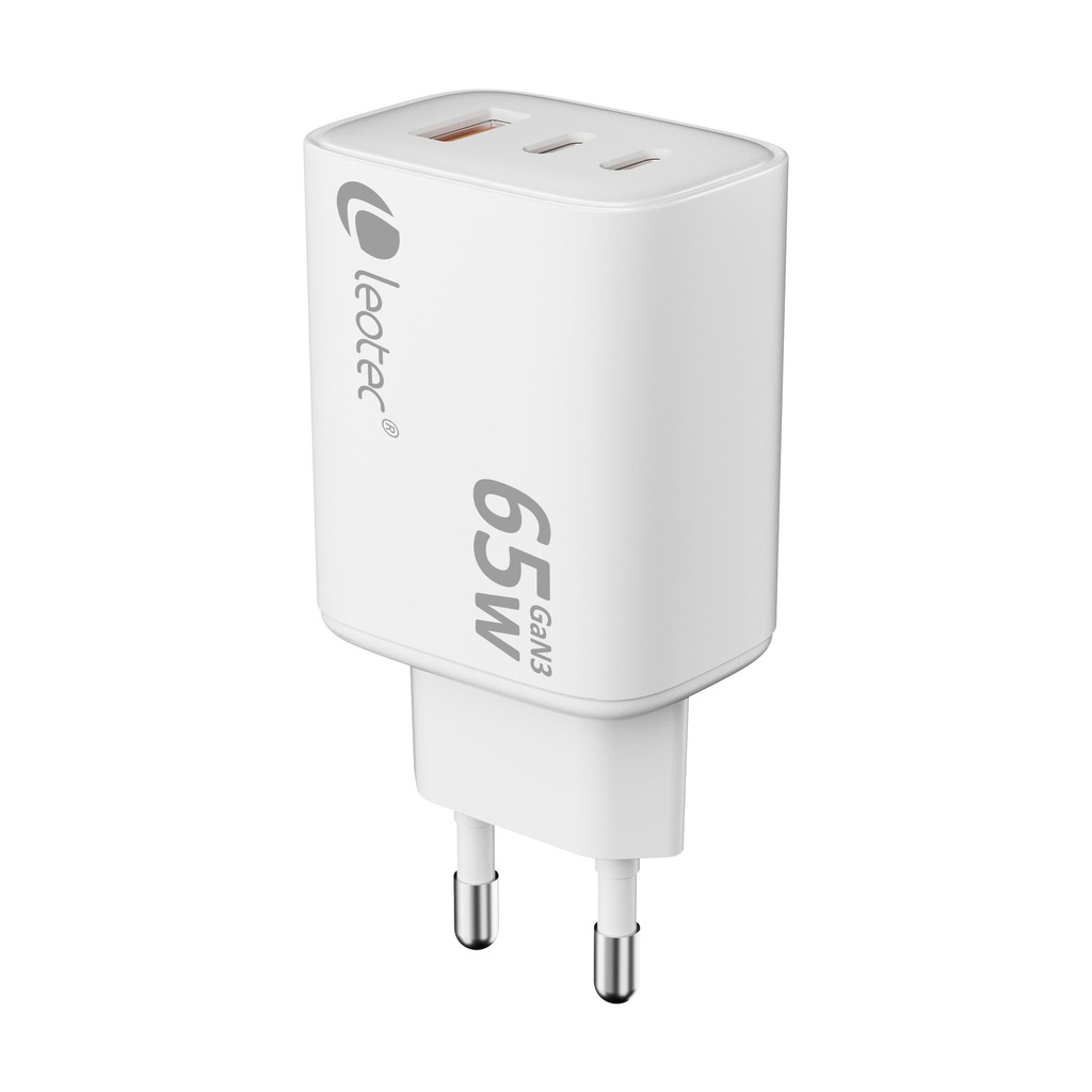 Cargador de Pared GaN Leotec LECSPH65W3W2/ 2xUSB Tipo-C/ 1xUSB/ 65W