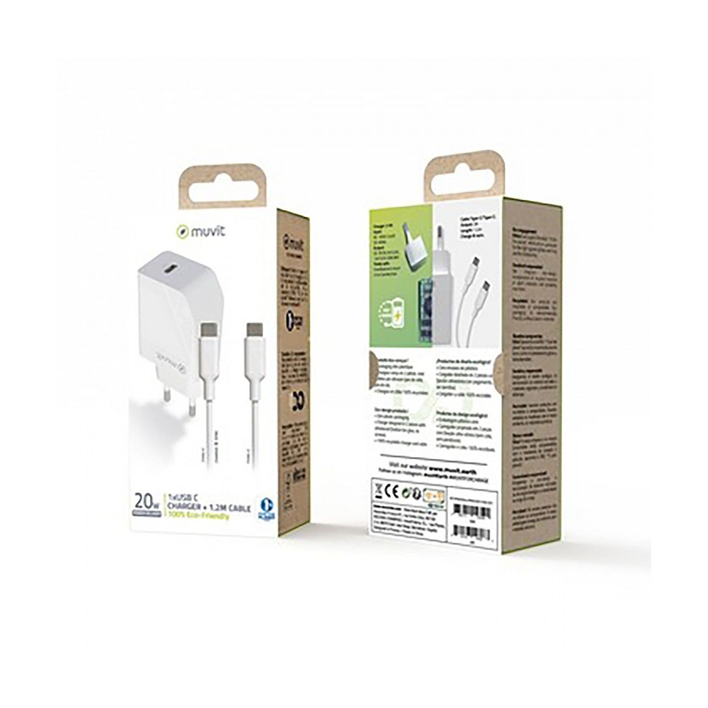 Muvit For Change Wall Charger MCPAK0044/ 1xUSB Type-C + USB Type-C Cable/ 20W