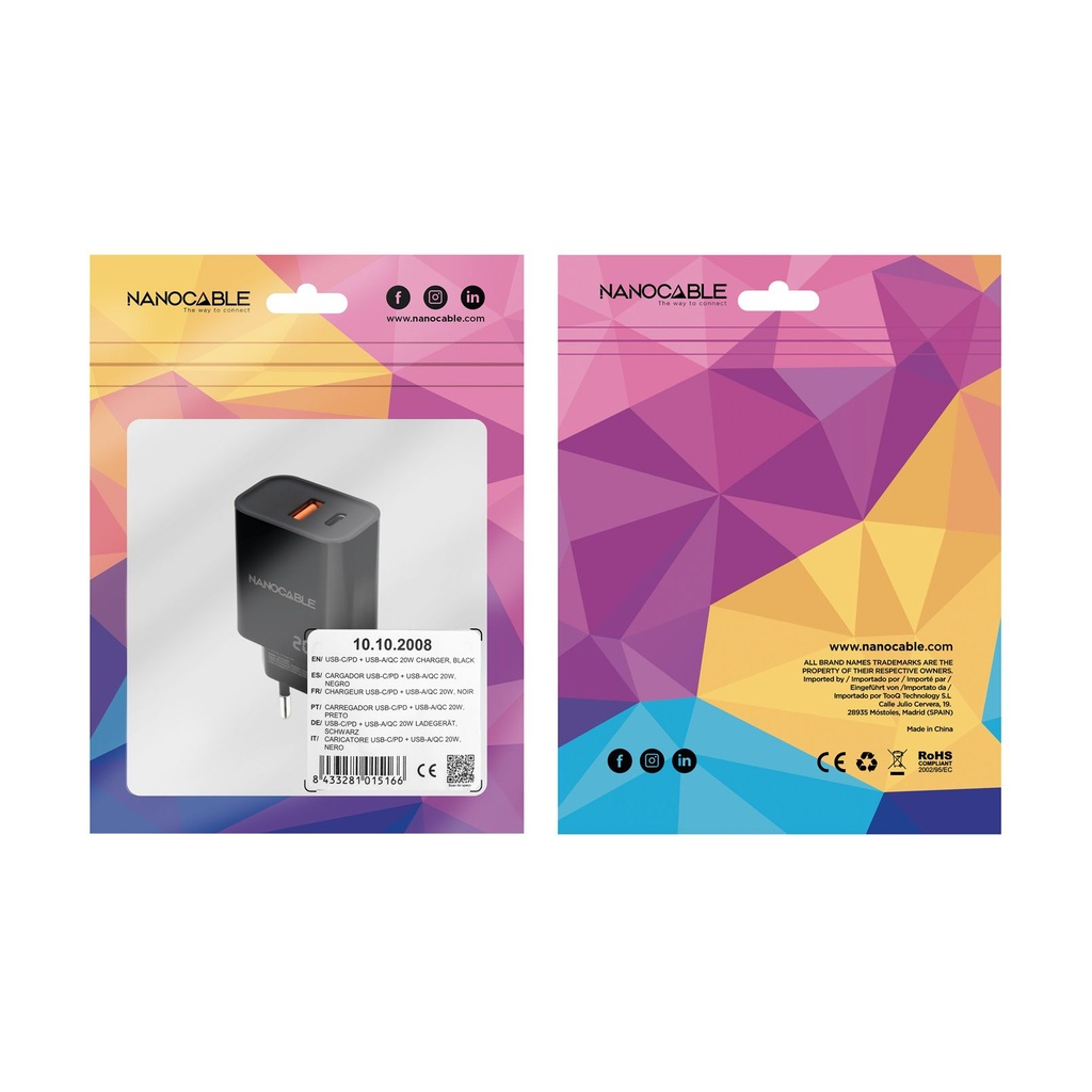 Nanocable Wall Charger 10.10.2008/ 1xUSB/ 1xUSB Type-C/ 20W/ Black