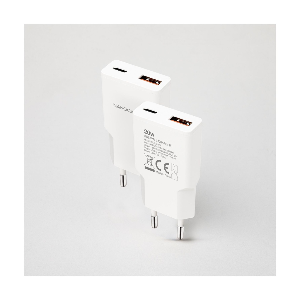 Cargador de Pared Nanocable 10.10.2022/ 1xUSB Tipo-C/ 1xUSB/ 20W/ Blanco
