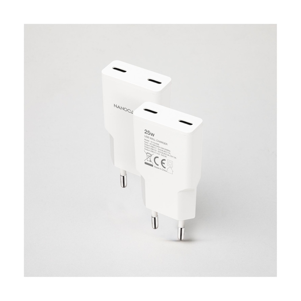 Cargador de Pared Nanocable 10.10.2026/ 2xUSB Tipo-C/ 25W/ Blanco