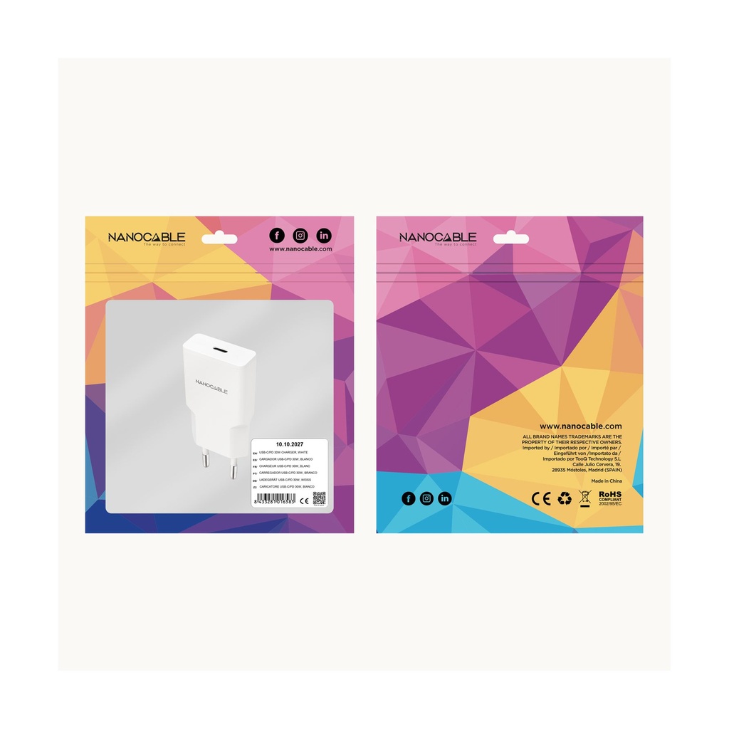 Cargador de Pared Nanocable 10.10.2027/ 1xUSB Tipo-C/ 30W/ Blanco