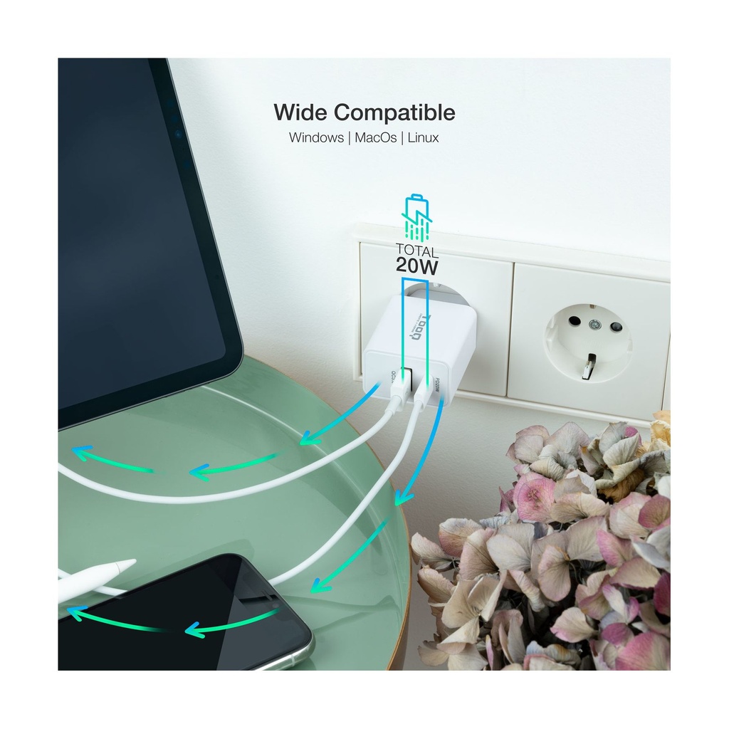 TooQ Wall Charger TQWC-2SC04WT/ 1xUSB Type-C/ 1xUSB/ 20W