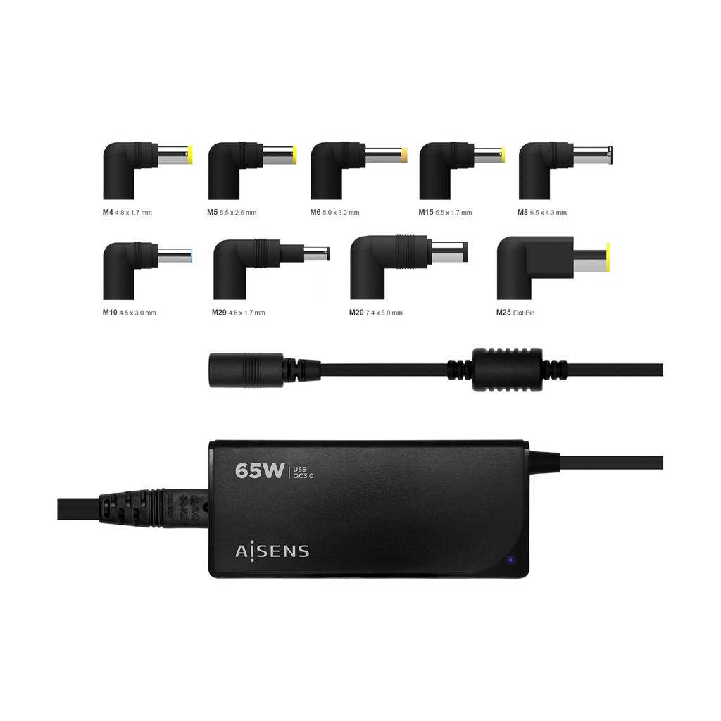 Cargador de Portátil Aisens ASLC-65WAUTO-BK/ 65W/ Automático/ 9 Conectores/ Voltaje 18.5-20V/ 1 USB QC3.0