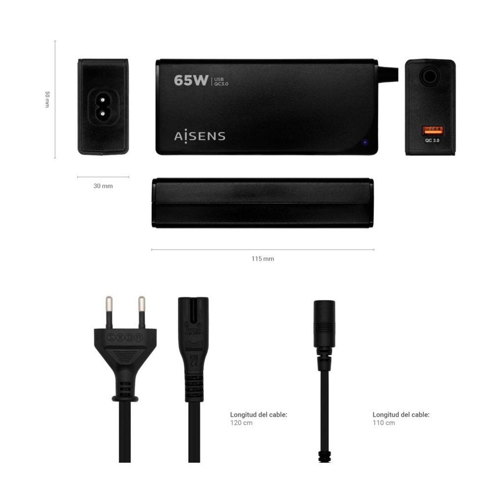 Cargador de Portátil Aisens ASLC-65WAUTO-BK/ 65W/ Automático/ 9 Conectores/ Voltaje 18.5-20V/ 1 USB QC3.0