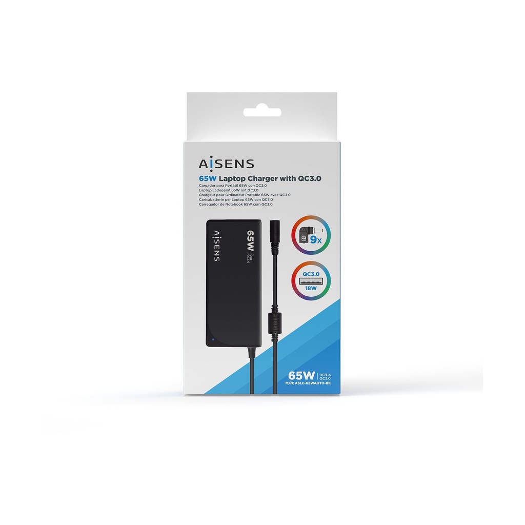Cargador de Portátil Aisens ASLC-65WAUTO-BK/ 65W/ Automático/ 9 Conectores/ Voltaje 18.5-20V/ 1 USB QC3.0