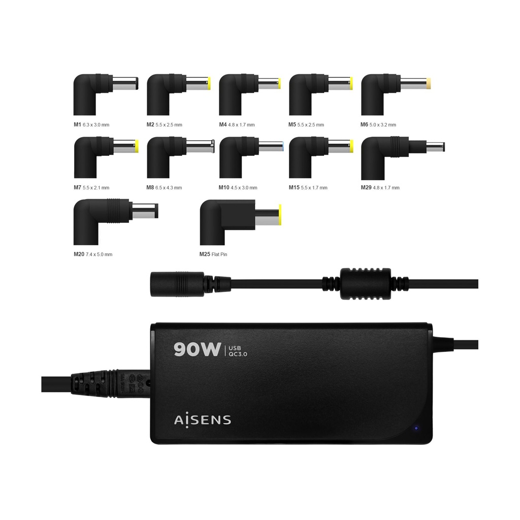 Cargador de Portátil Aisens ASLC-90WAUTO-BK/ 90W/ Automático/ 12 Conectores/ Voltaje 15-20V/ 1 USB QC3.0