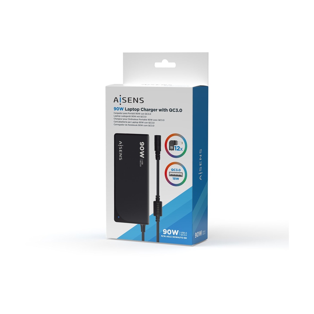 Cargador de Portátil Aisens ASLC-90WAUTO-BK/ 90W/ Automático/ 12 Conectores/ Voltaje 15-20V/ 1 USB QC3.0