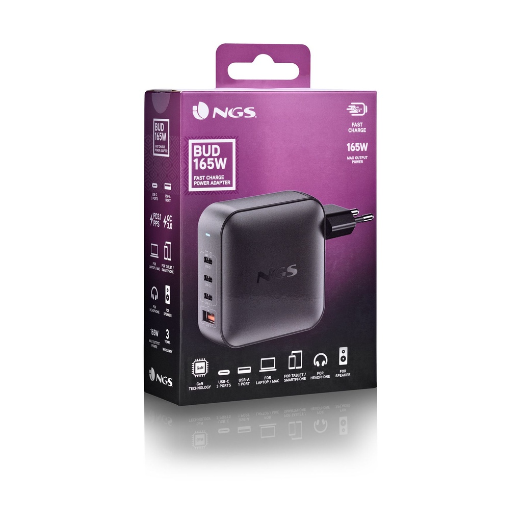 Cargador de Portátil GaN NGS BUD 165W/ 165W/ Automático/ Voltaje 5-21V