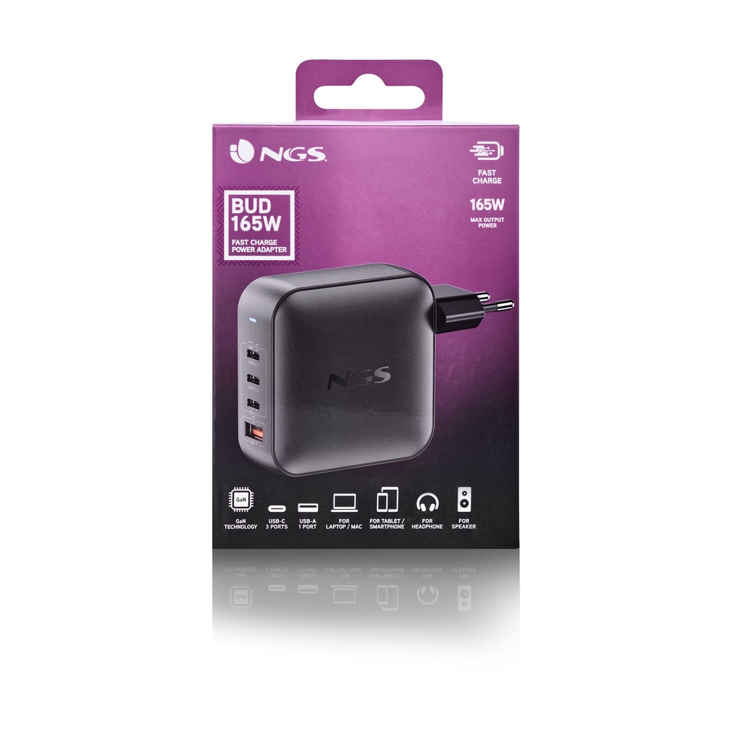 Cargador de Portátil GaN NGS BUD 165W/ 165W/ Automático/ Voltaje 5-21V