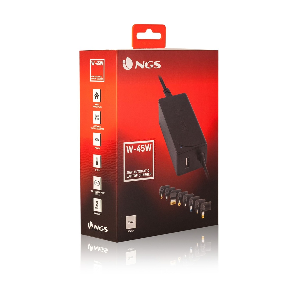 Cargador de Portátil NGS W-45W/ 45W/ Automático/ 8 Conectores/ Voltaje 19-20V/ 1 USB