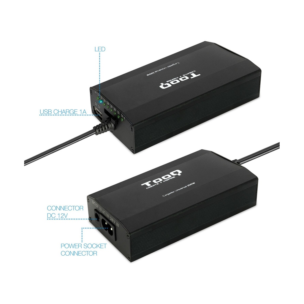 Cargador de Portátil TooQ TQLC-100BS01M/ 100W/ Manual/ 12 Conectores/ Voltaje 12-24V/ 1 USB